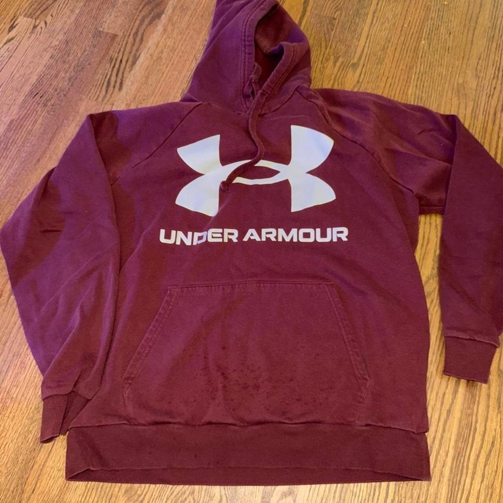 Under Armour Mens Rival Fleece Hoodie Maroon Burgundy Big Logo Pullover LG Loose